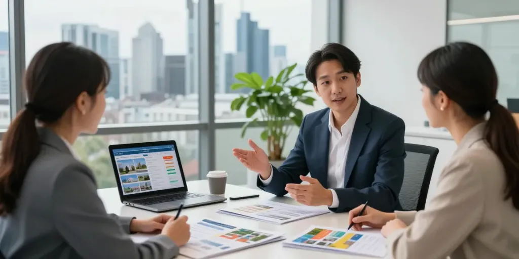 Bester Immobilienmakler Frankfurt berät Kunden in modernem Büro.