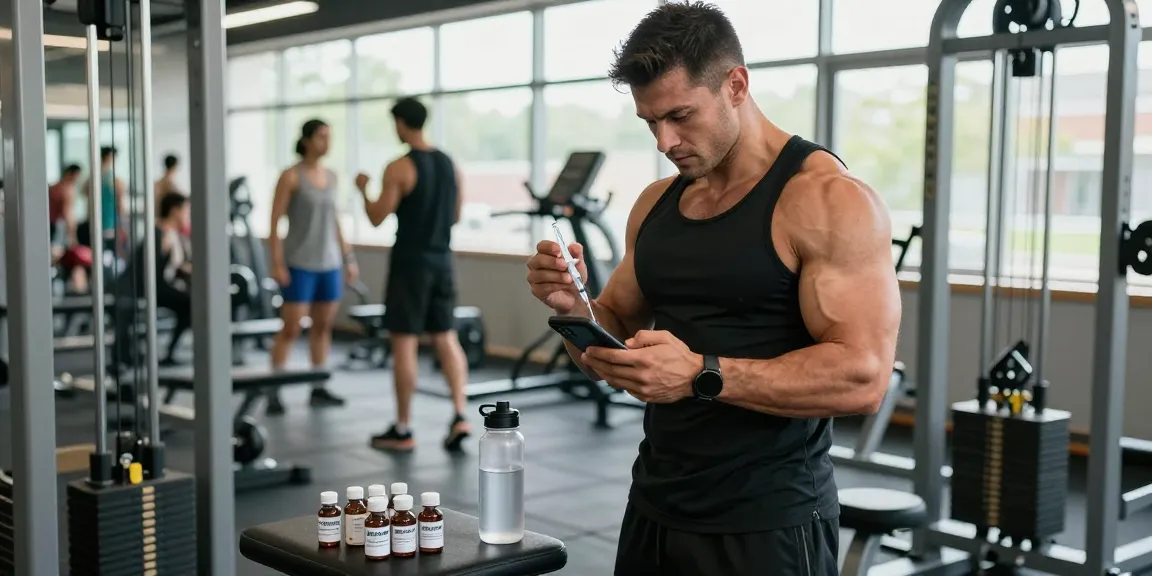 Anabolika Shop: Sportler bereitet sich auf Training vor und hält eine Spritze mit Steroid.