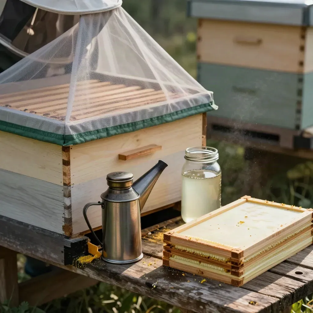 Imker-Set am Bienenstand mit Beute, Schleier, Smoker, Futterglas und Rähmchen im Morgenlicht.