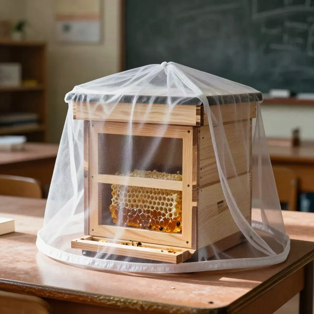 Schulische Bienenstation mit Beobachtungsvolk, Kinder-Schleier und Wachsprobe im warmen Licht.