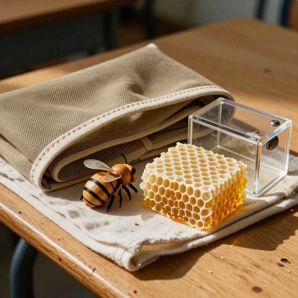 Schulungsset für Bienenkunde mit Schleier, Holzmodell, Wabenblock und Sichtkasten.