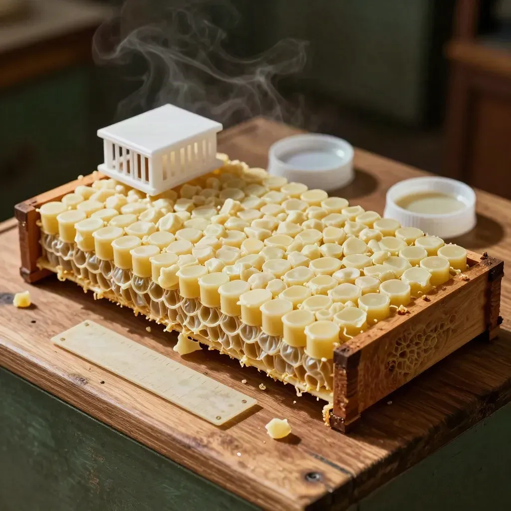 Brutwabe mit Weiselkäfig, Futterdeckel und sauberem Varroabrett im warmen Licht