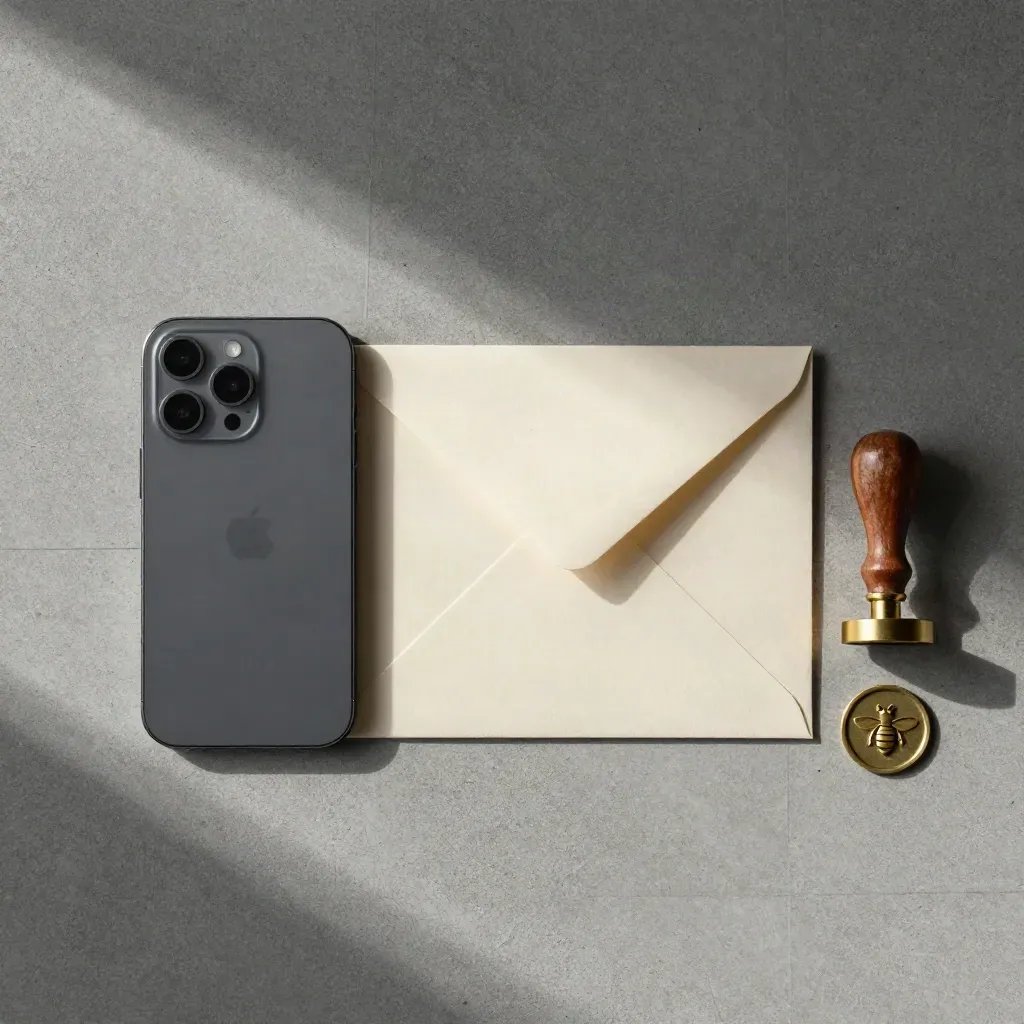 Flache Anfrage-Stilllife mit Handy, Umschlag, Siegelstempel und Bienentoken auf Beton.