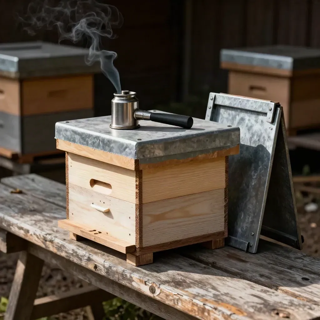Demo-Bienenkasten, Smoker und klappbarer Feldständer auf einer Imkerbank im Sonnenlicht.