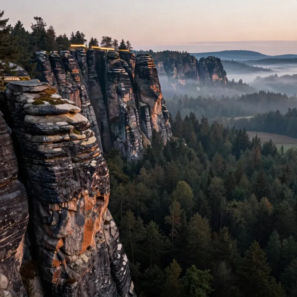 Sandsteinrücken in Sachsen über nebligem Tal bei blauer Stunde