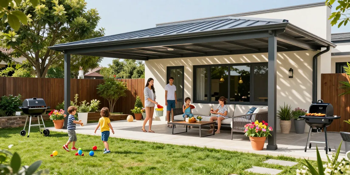 Stylische Terrassenüberdachungen mit einer Familie, die einen sonnigen Nachmittag genießt.